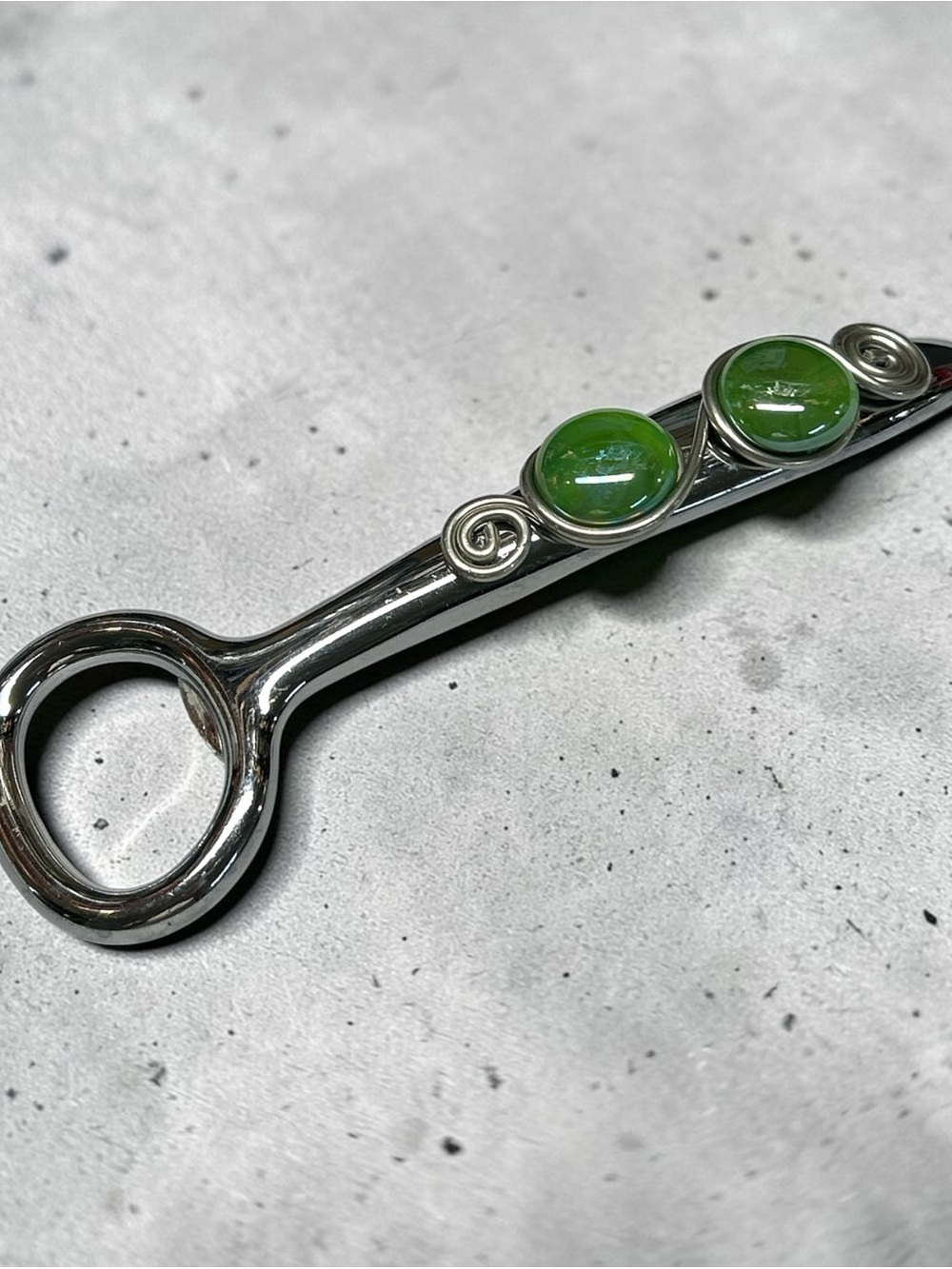 Sky Silver-Tone Bottle Opener Bar Tool with Green Glass Accents